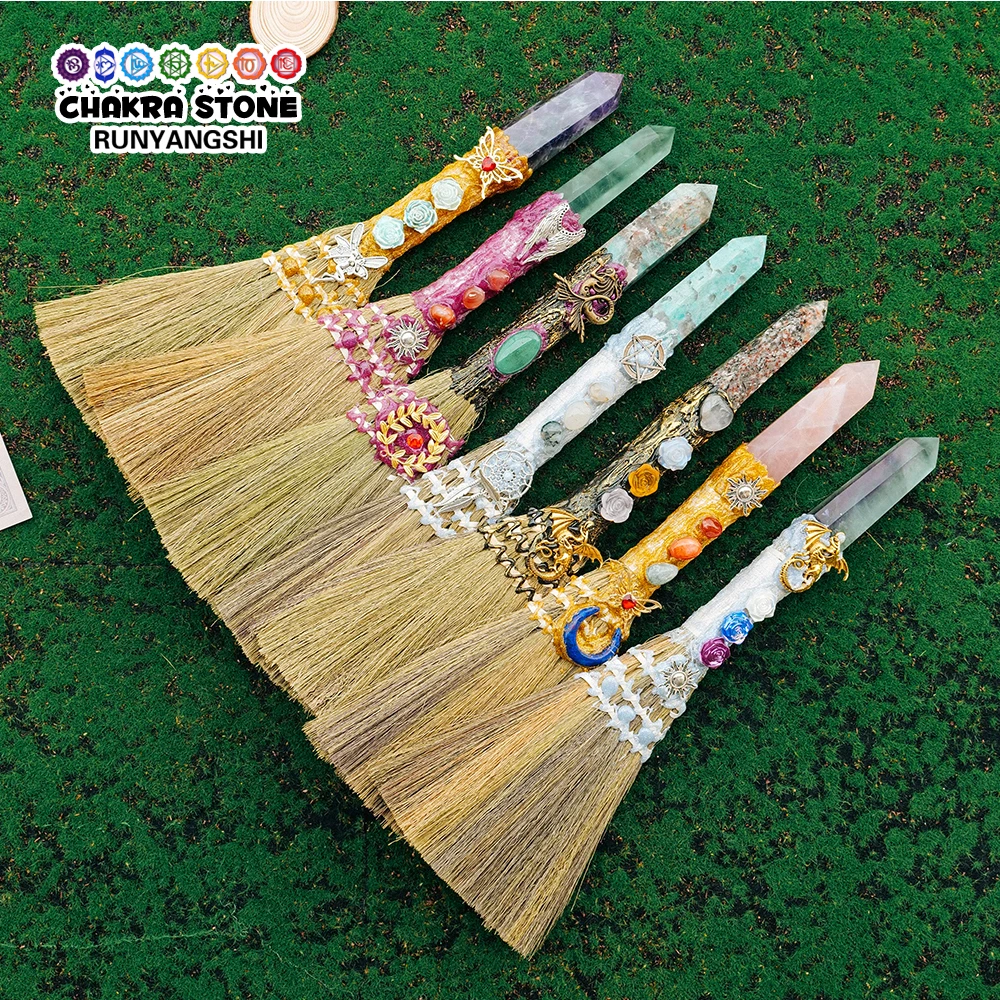 1pc Natural Crystal Column Witch Magic Broom Cleaning Inlaid Rose Quartz Amethyst Healing Ore Broom Artwork Decoration