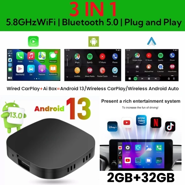 Carplay AI Box Android 13 Draadloze Android Auto Smart TV Box Voor Youtube Netflix Toyota Mazda Hyundai Haval GMC Ford MG VW Kia