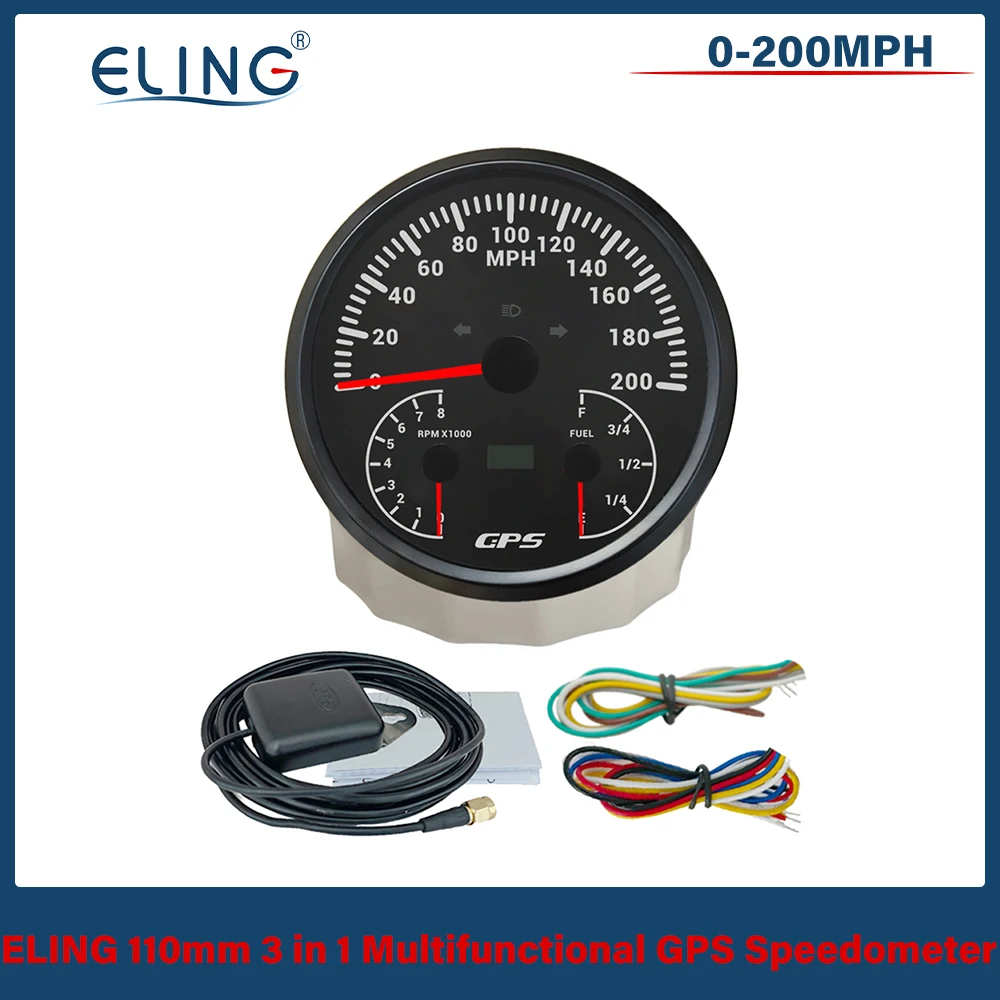 ELING 110mm 3in1 Multifunctional 120 200 KM/H MPH GPS Speedometer with 8000RPM Tachometer Fuel Level with Backlight for Car Boat