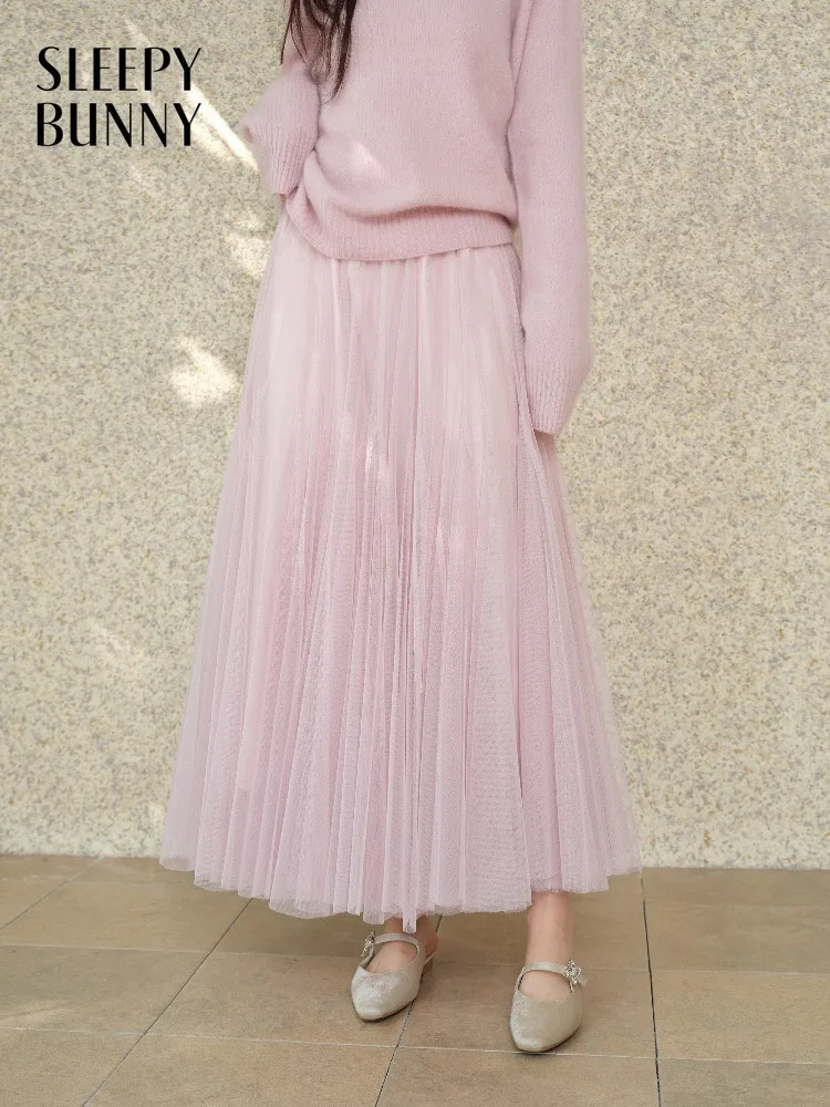 

Women Midi Skirt Spring Sweet Tulle High Waist A line Skirt Lady Elegant Fairy Mesh Flowy Romantic Daily Bottoms Events Wear