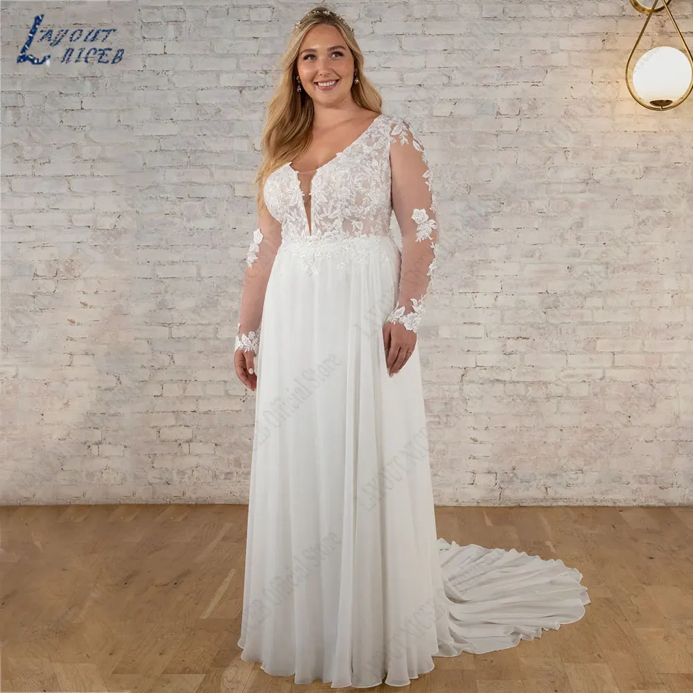 

LAYOUT NICEB Plus Size Chiffon A-Line Bridal Dress Appliques Full Sleeves Backless Wedding Gowns Backless Button robes de mariée