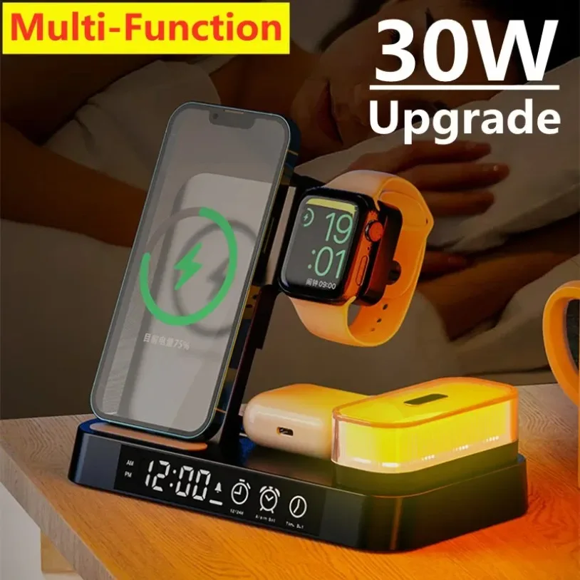 3 In 1 Fast Charging Station Wireless Charger Stand Pad Alarm Clock Night Light Dock for iPhone Samsung Galaxy Watch IWatch
