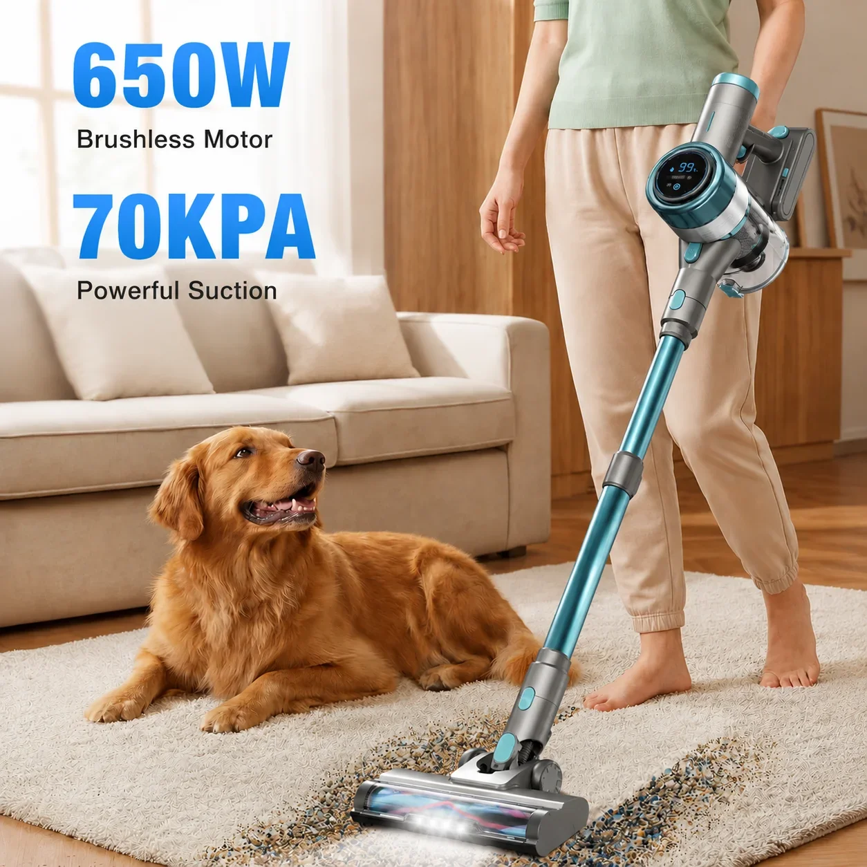 Cordless Vacuum Cleaner 6-in-1, Lightweight Rechargeable Stick Vacuum with Powerful Suction, Flexible Hose, Green LED Light, Anti-Tangle Brush for Hardwood Floors, Carpets, Pet Hair & Home Cleaning