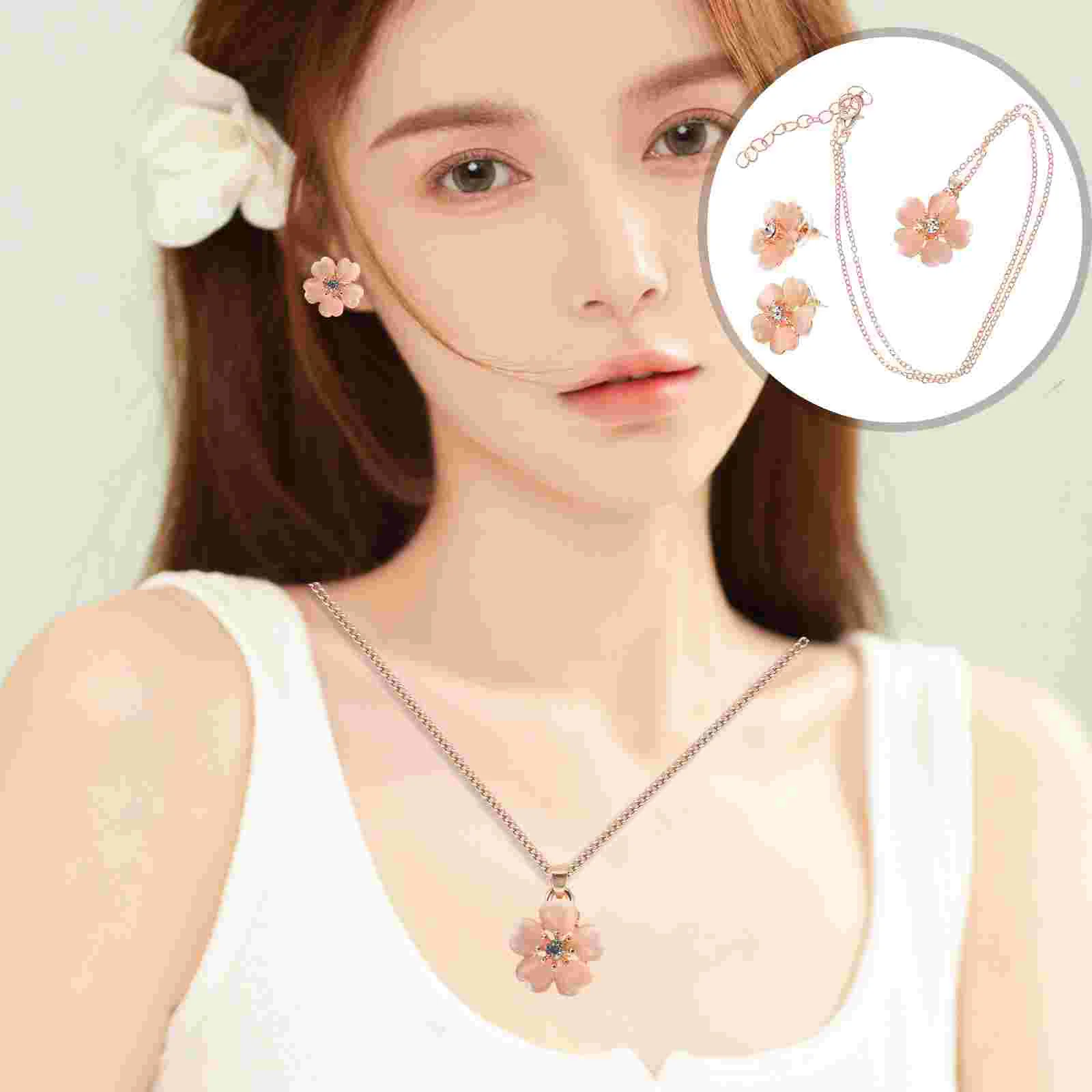 Elegant Cherry Blossoms Necklace Earrings Set for Women Girls Delicate Jewelry Set with Adjustable Chain Length