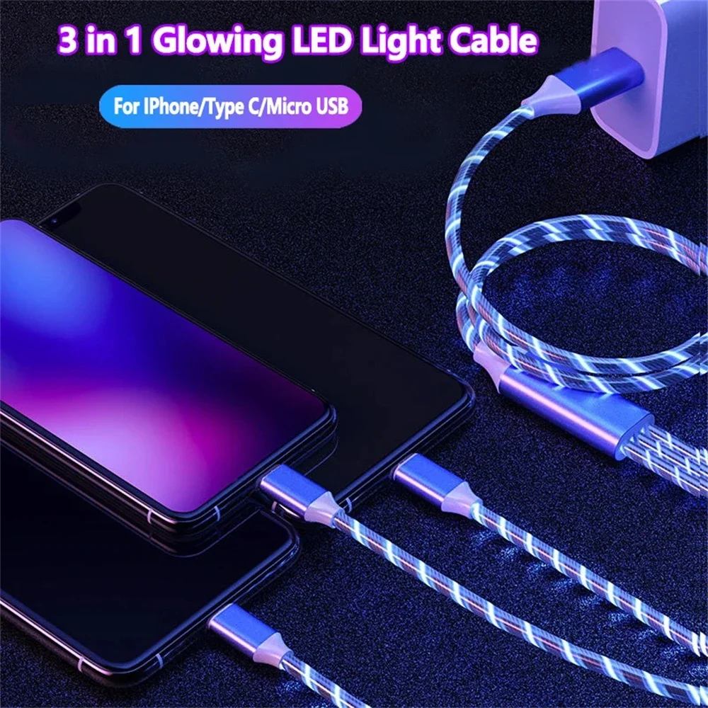 3 IN 1 Glowing Cable Mobile Phone Charging Cables LED Lightning ios Micro Type C Charger For iPhone Huawei Charge Wire Cord