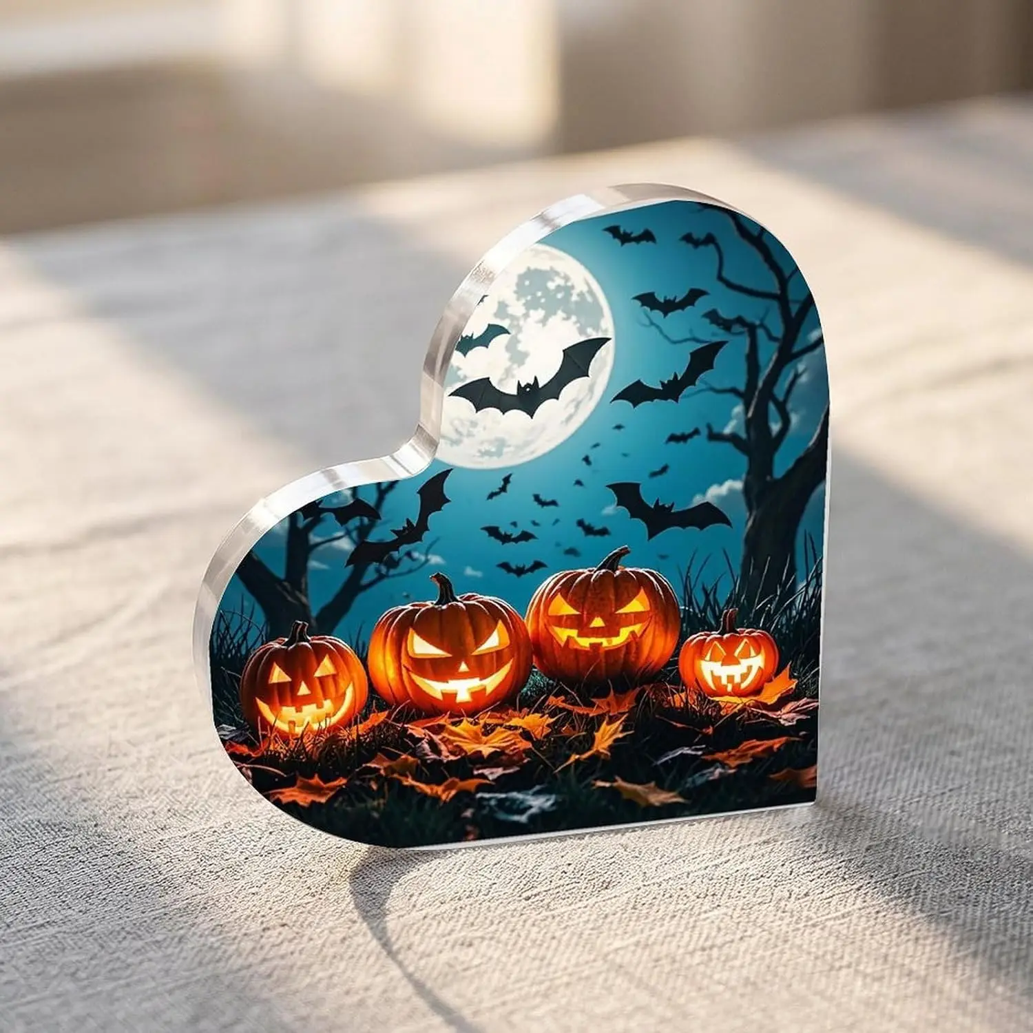 Glowing Jack‑O‑Lantern Moon Night Heart‑Shaped Acrylic Plaque, Halloween Fall Desktop Tabletop Decor