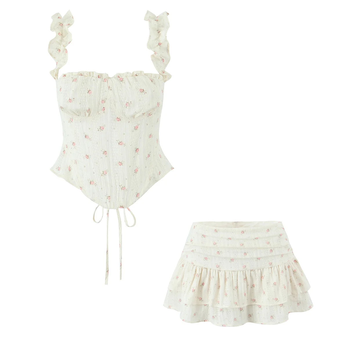 Sexy Floral Print Wood Ears Strap Tank Top Corset Tee + Ruched Side Zipper Waist Ruffles Hem Mini Skirt 2 Pieces 1 Set