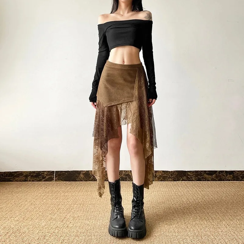 Women's American Ins Style High Waist Midi Skirt Lace Spliced Irregular Asymmetrical Slim Fit Streetwear Skirt