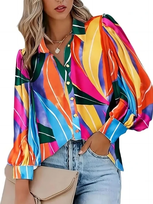 

2024 Women's Spring/Summer Geometric Stripe Printed Fashion Casual Long Sleeved V-Neck Button Flip Collar Art Shirt