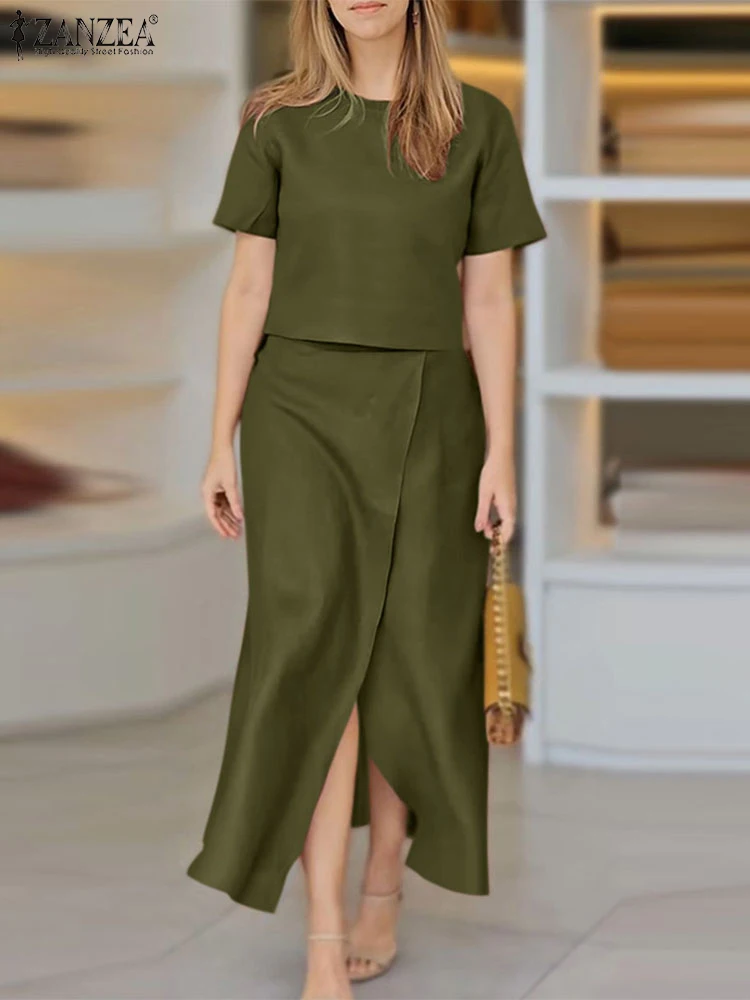 

ZANZEA Vintage Short Sleeve Short Tops Outfits Casual Solid Matching Sets Holiday Fishtail Skirt Suits Women 2pcs Dress Sets