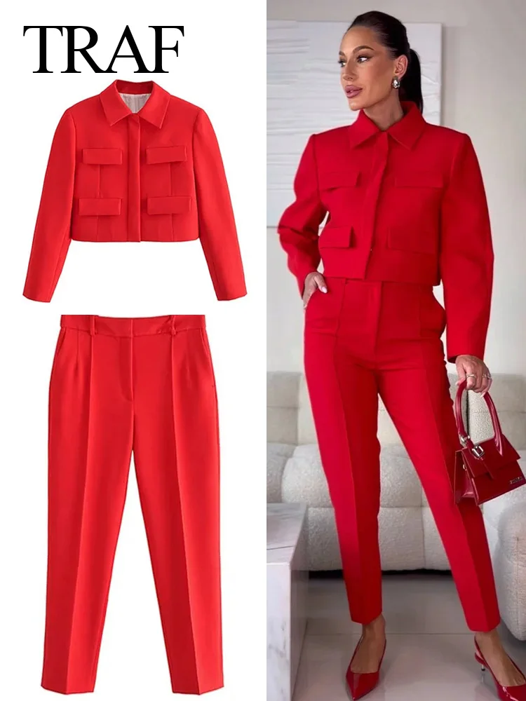 TRAF 2023 Autumn Women Fashion Red Single Breasted Turn Down Collar Coats+Woman Chic Casual Office Lady Slim Pants 2 Pieces Set