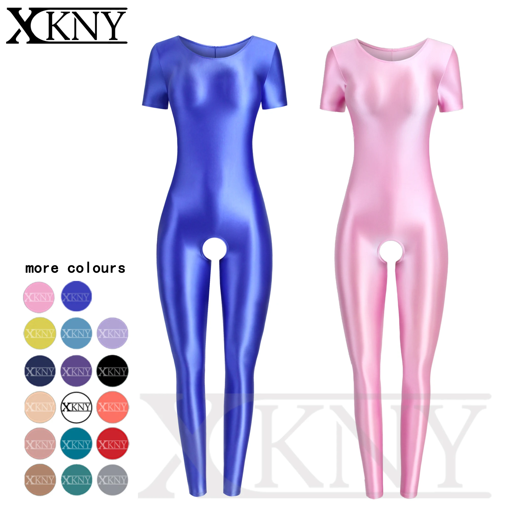 

XCKNY oil Glossy tights sexy shiny round neck short sleeve Jumpsuit silky smooth casual Jumpsuit Yoga Pants open crotch Jumpsuit