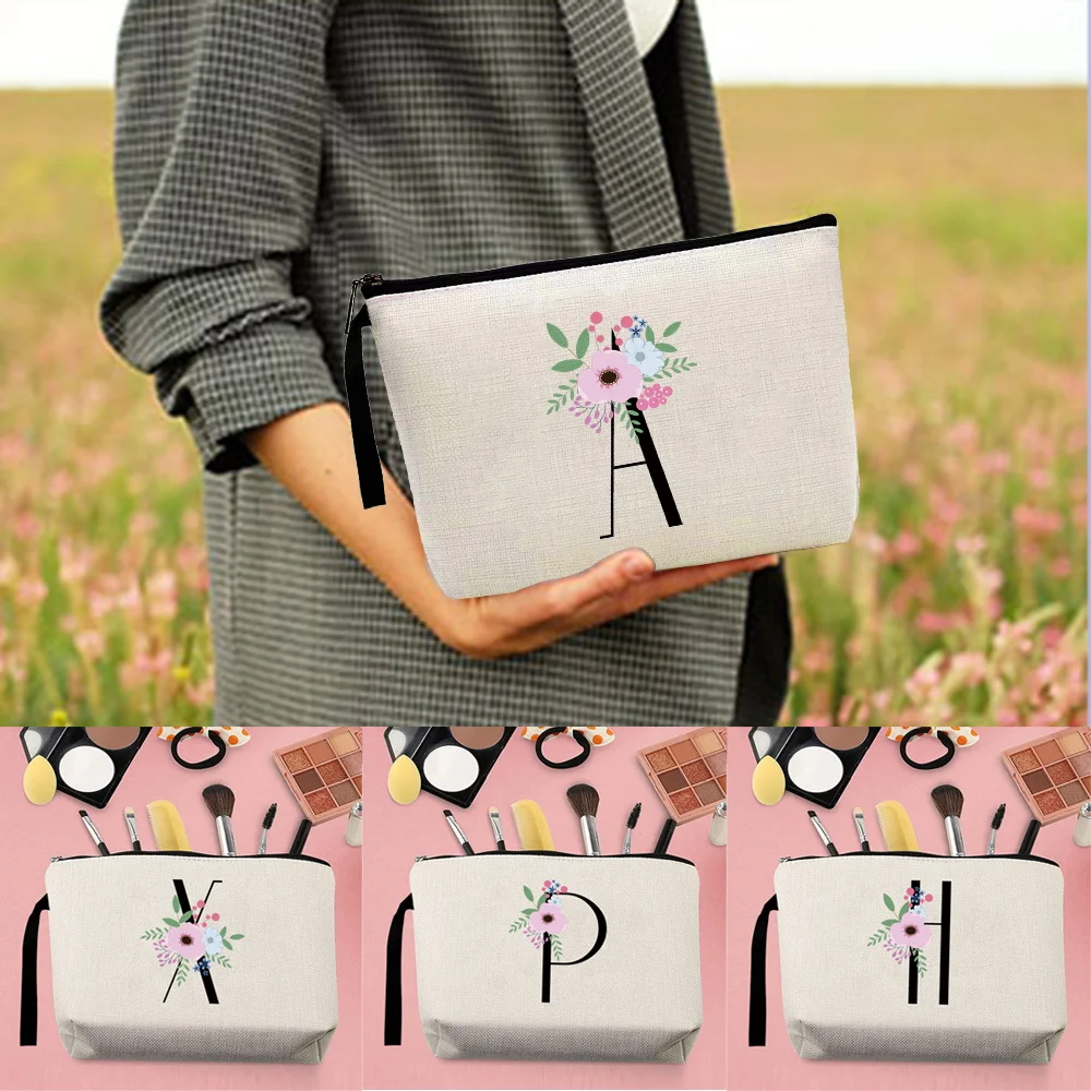 

Cosmetic Case Lady Makeup Bag Toiletry Organizer Pouch Flower and Black Lettern Pattern Purse Wedding Clutch Bag Pencil Pouch