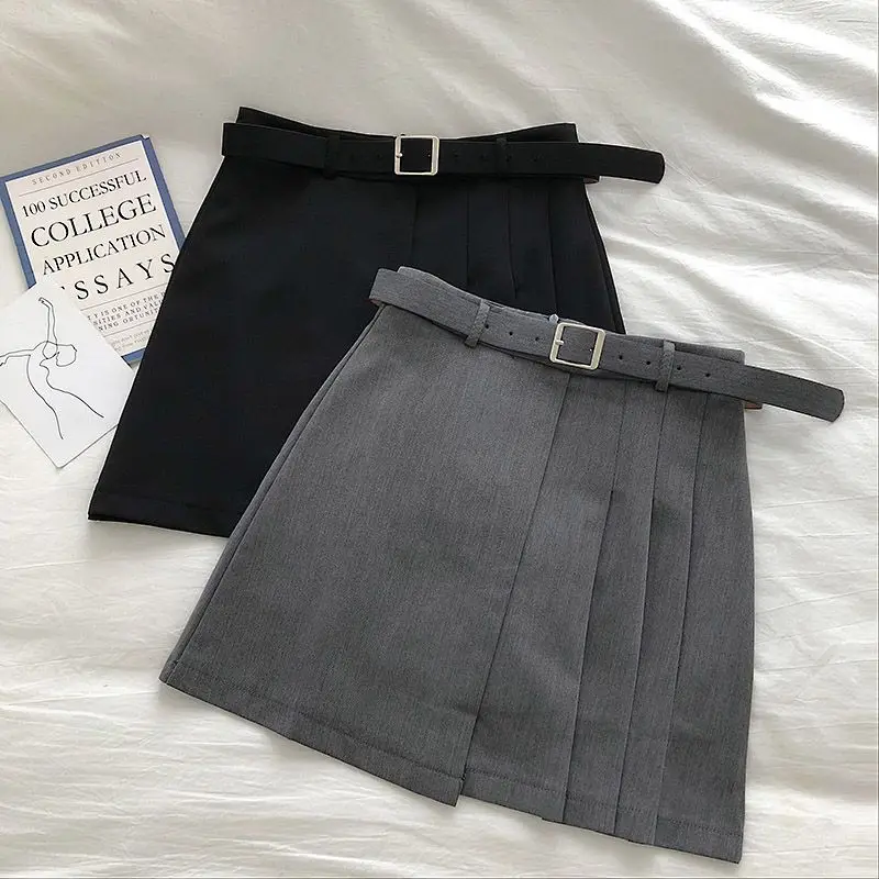 Biyaby Black Gray Women's Suit Mini Skirt with Belt Summer High Waist Pleated Jk Skirts Women 2026 Korean A Line Skirt Ins