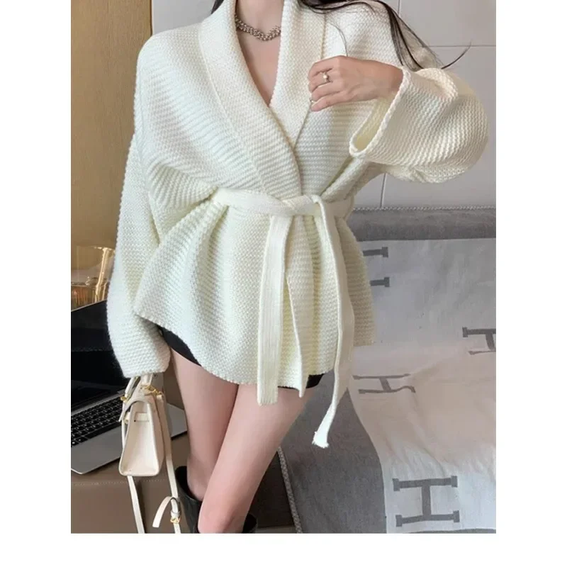 

Simple Solid Color Medium Long Knitted Sweater for Women's Autumn Cover Tied with Straps Paired with Lazy Style Sleeved Top
