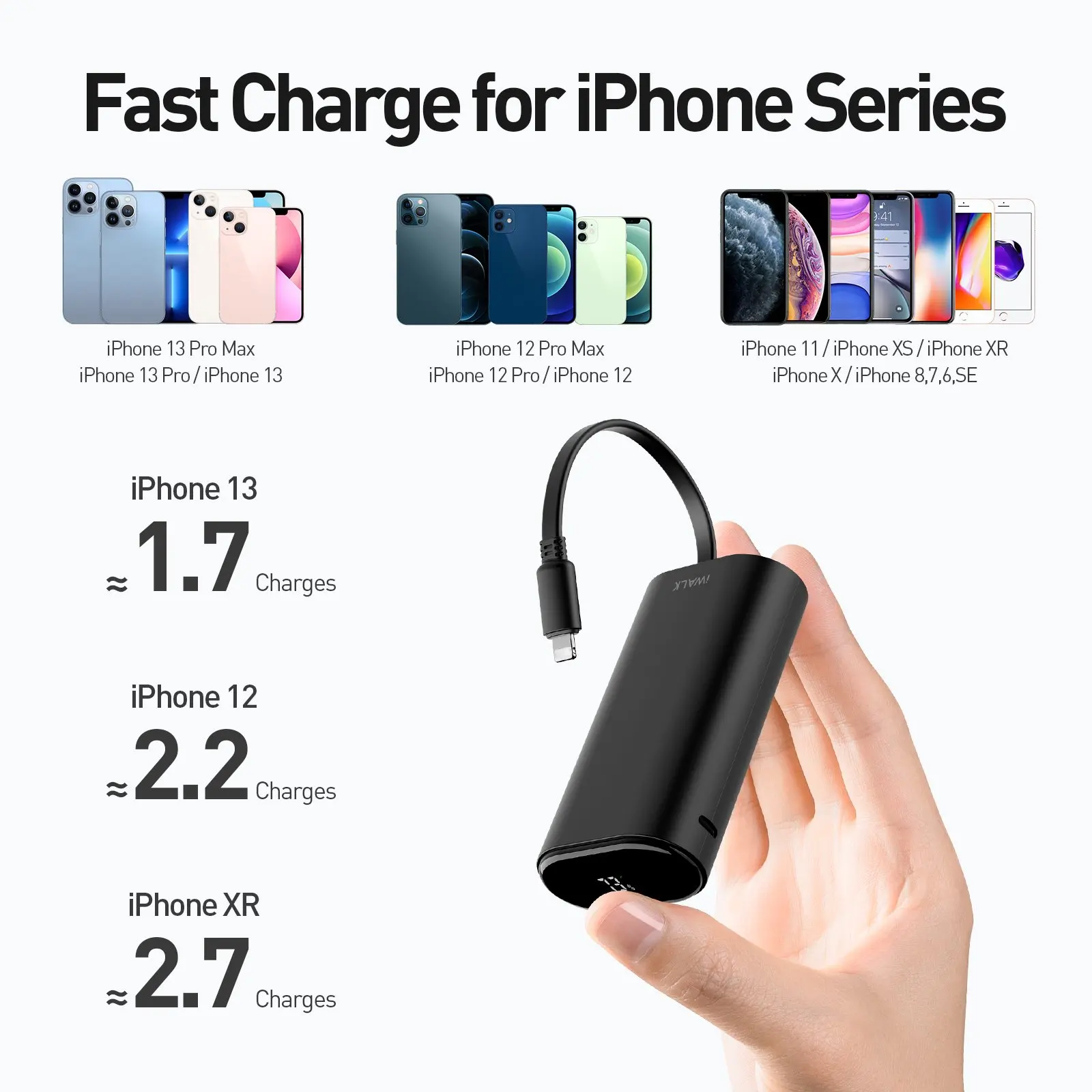 iwalk large capacity built-in cable portable digital power bank mini suitable for iPhone 12/14 Lightning