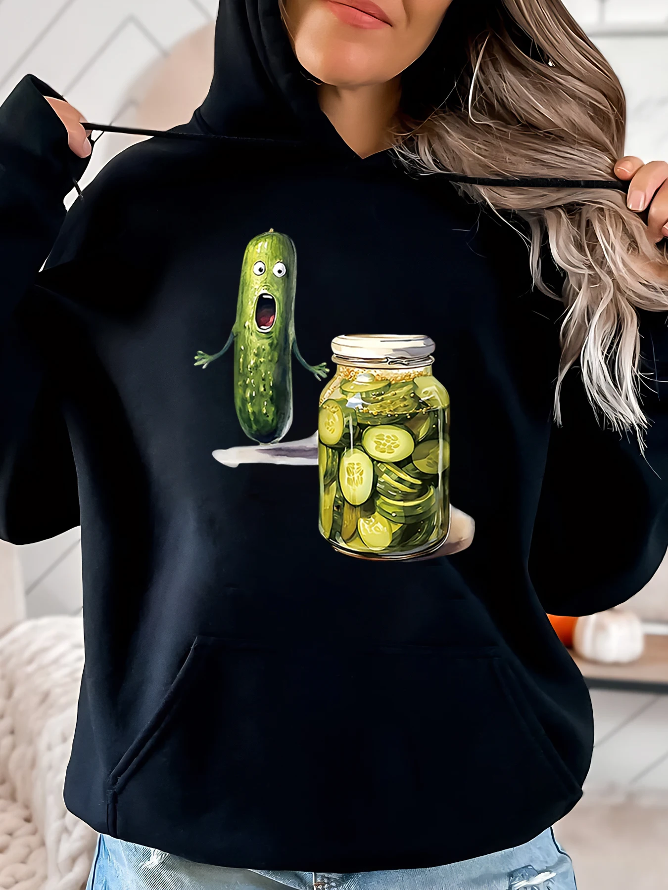

Толстовка с капюшоном на Хэллоуин с принтом огурца и маринованной банки, женская повседневная одежда, черная, больших размеров