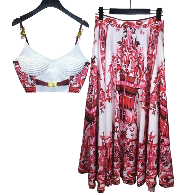 TIFICY Fashion Elegant Women's Blue and White Porcelain Printed Camisole Top+half Body Long Skirt Sexy Two Pcs Set Summer