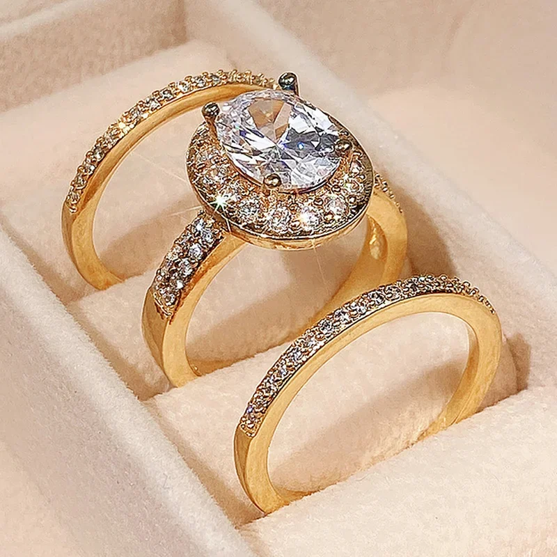 2024Gorgeous Pcs Set of Rings for Female Dazzling Cubic Zirconia Luxury Women Wedding Accessories Set Gold Color Jewelry