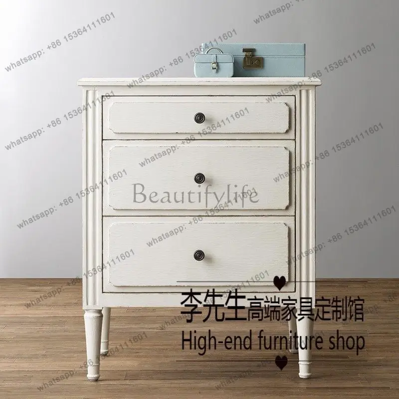 European simple solid wood bedside table, French three-draw retro old carved bedside table