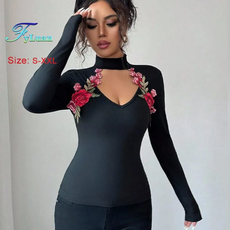 

Осень-зима 2022, женская футболка с v-образным вырезом, ажурная вышивка, аппликация, утягивающие женские топы, модная одежда с длинными рукавами