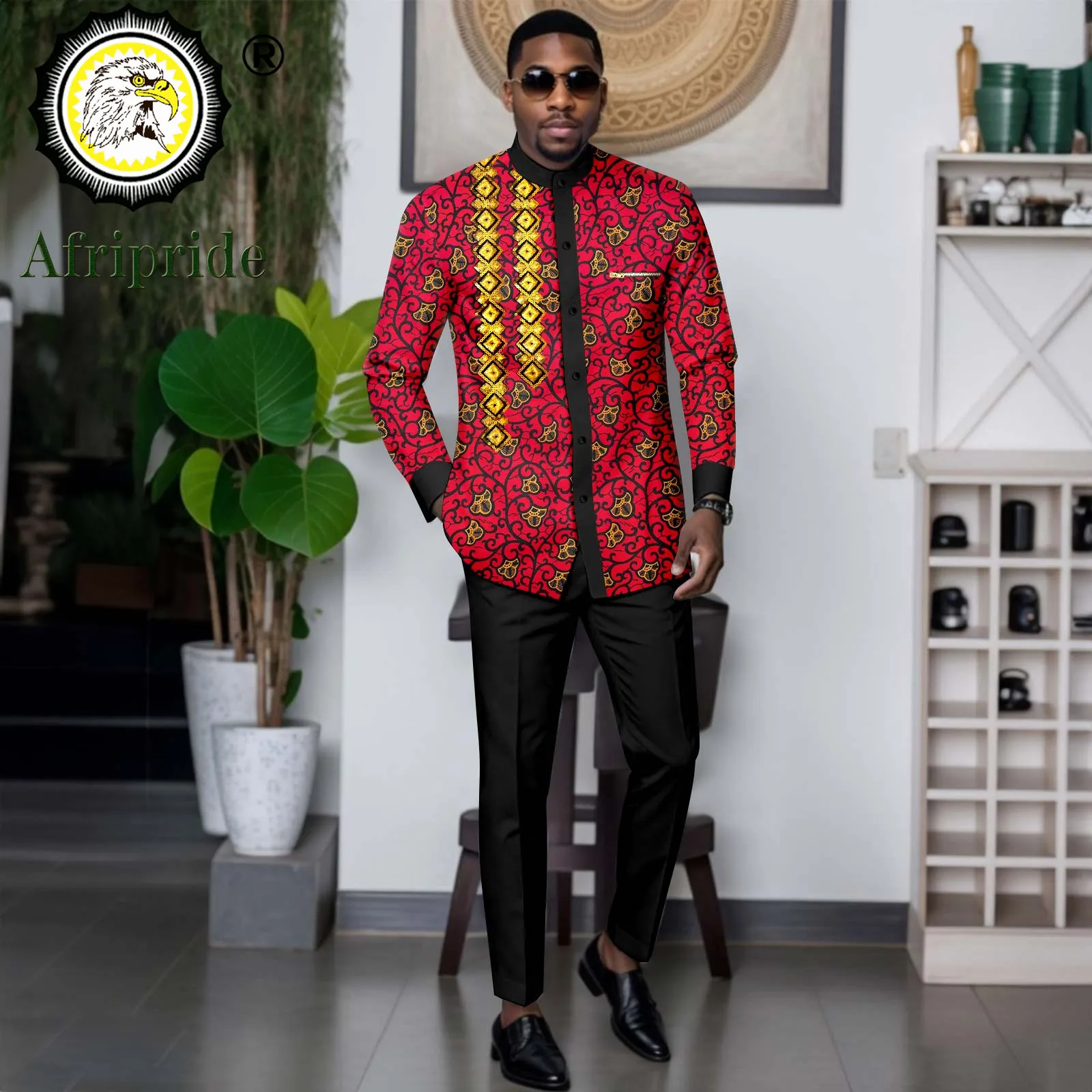 African Suits for Men Slim Fit Embroidery Single Breasted Print Shirts and Pants Set Formal Clothes Dashiki Outfits 2416034