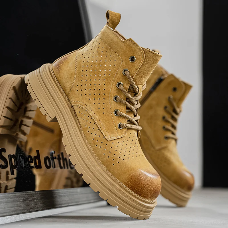 

New Arrivals Retro Men’s Ankle Boots Hollow Breathable Casual Boots Man Platform Zipper Tooling Shoes For Men botas para hombre