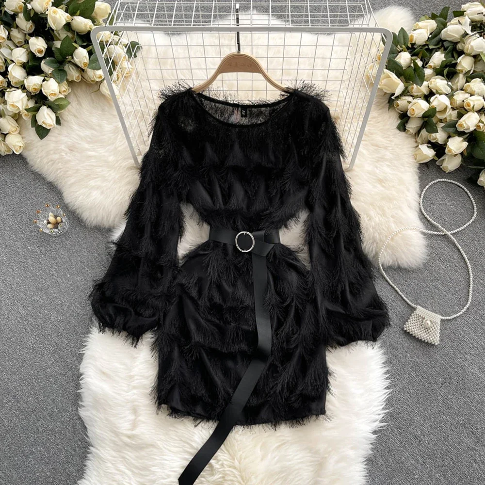 

Women Mini Dress Fluffy Fringe Design Chic with Belt slim Party Club Streetwear Y2k 2025 Spring Winter