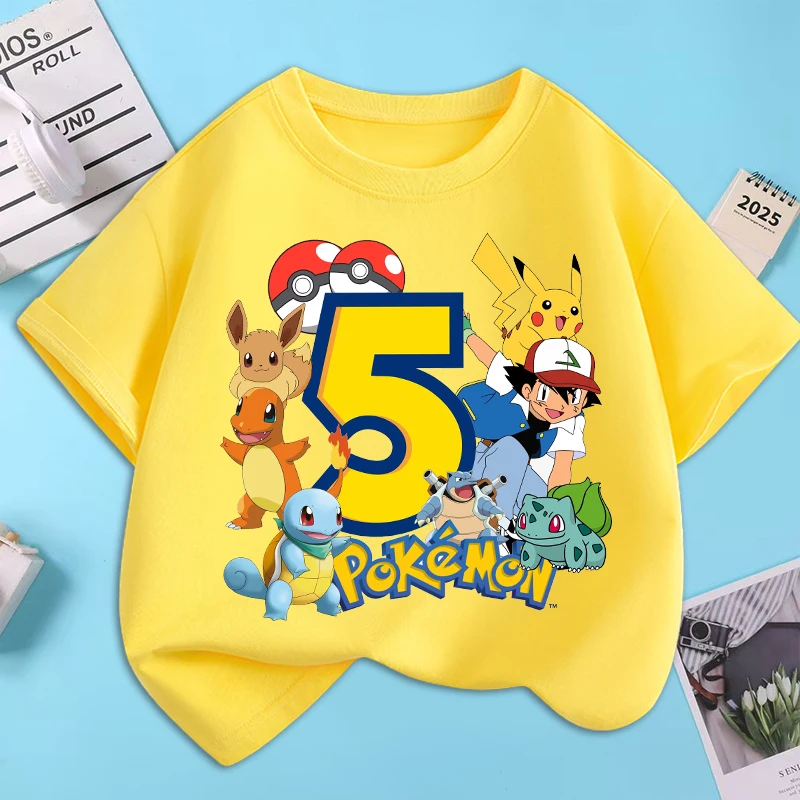 

Pokemons Cartoon Number Birthday T-shirts Pikachu Anime Cute Short-sleeved Top Boys Girls Summer Fashion T-shirt Kids Clothes