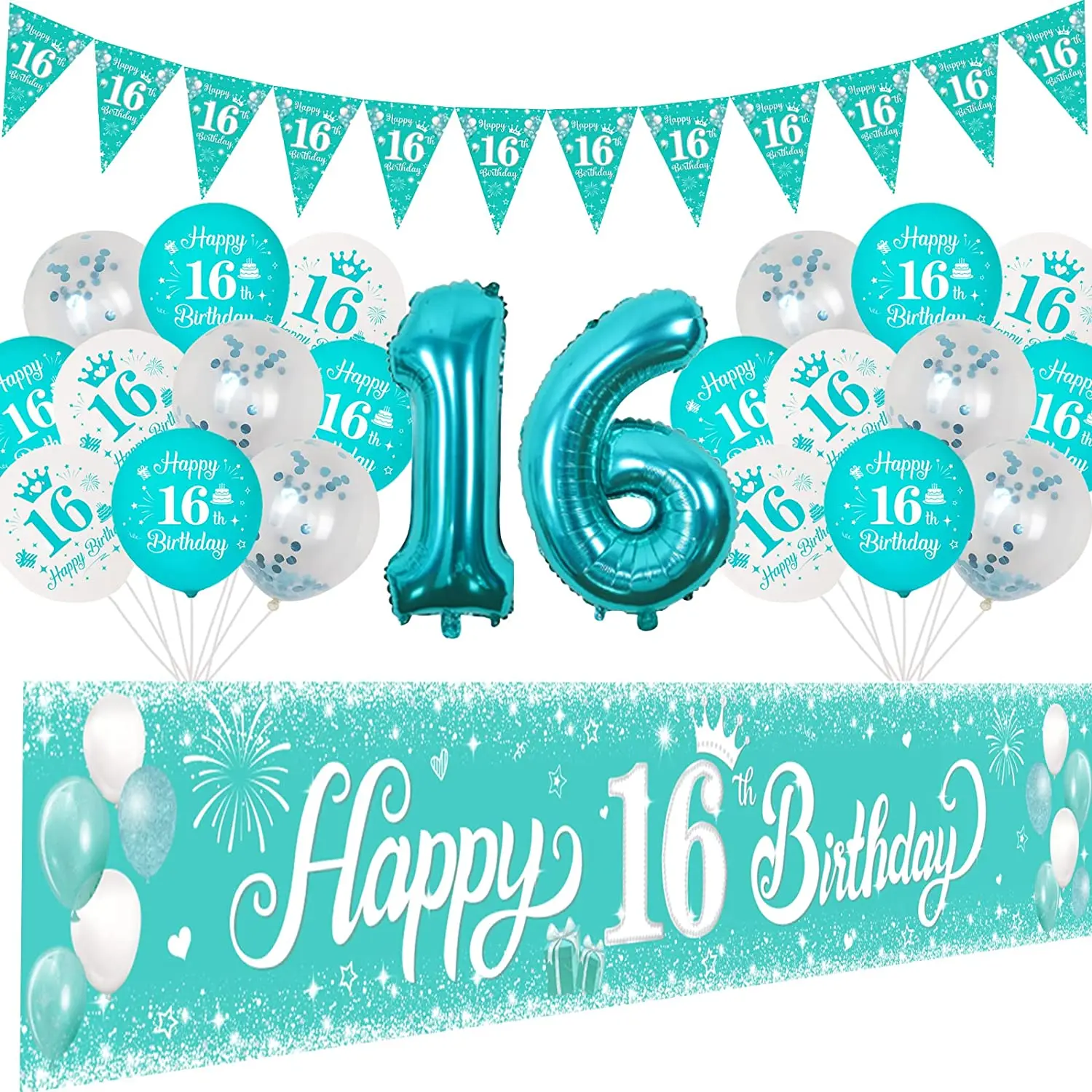 

16th Birthday Decorations Girl Teal Happy 16th Birthday Balloons Yard Banner and Bunting for Turquoise Sixteen Birthday Party