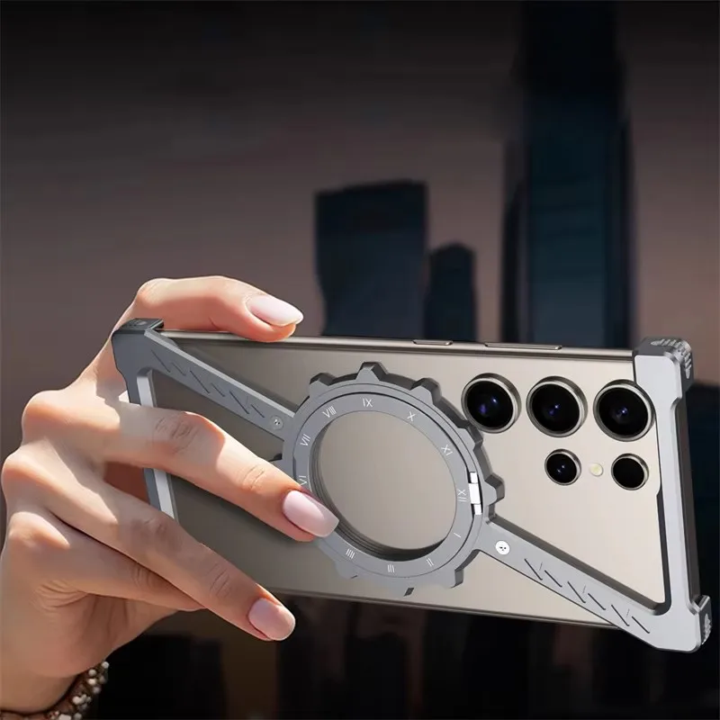 Night Light Z Shape Metal Case for Samsung Galaxy S25 S24 S23 S22 Ultra Protective Cover Shockproof Bumper 360°Rotation Holder
