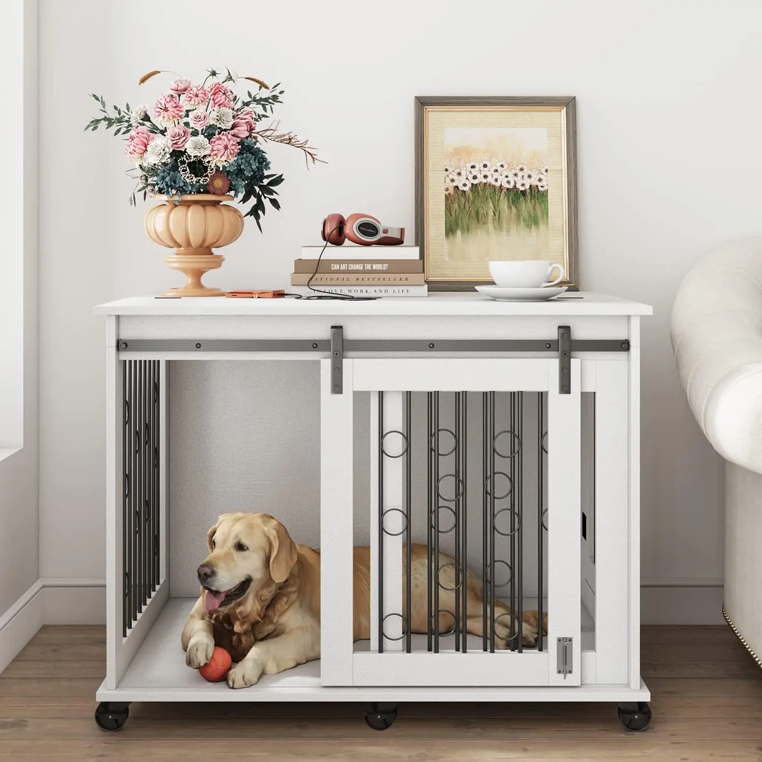 Large Dog Crate Furniture with Sliding Barn Door, 43.7