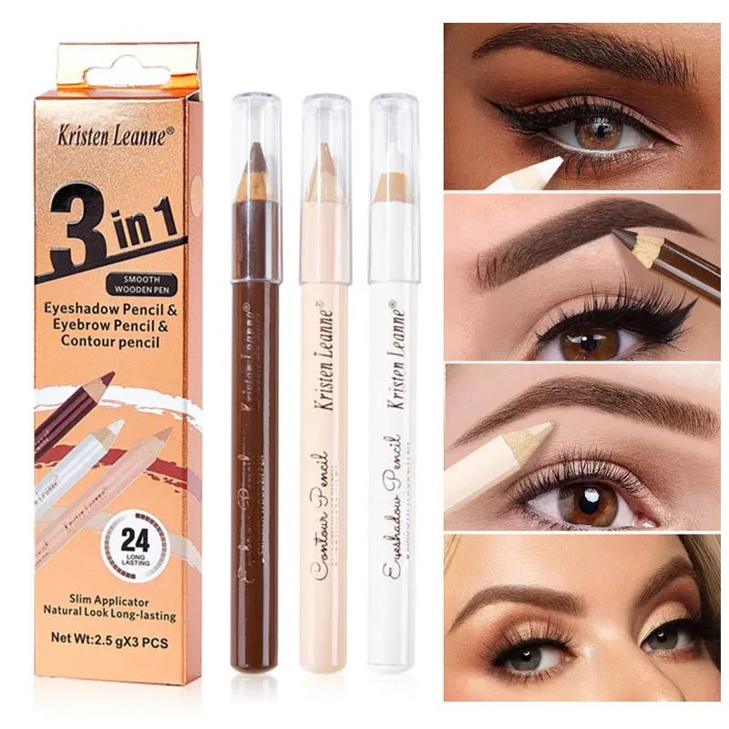 Lápiz de sombra de ojos 3 en 1, lápiz de cejas, juego de lápices de contorno, marrón, resistente al agua, maquillaje coreano de larga duración para mujer, tinte de cejas