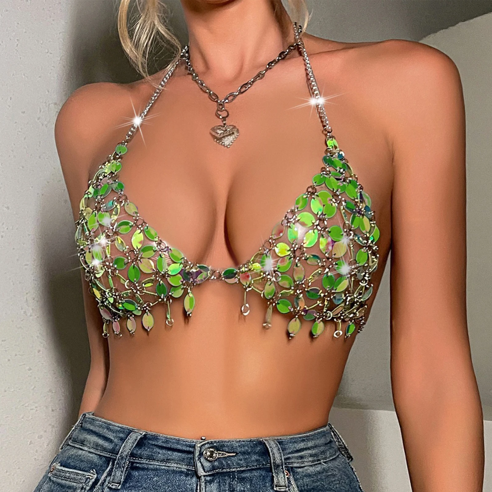 

Зеленый укороченный топ из нержавеющей стали с бретелькой на шее для женщин, модные топы с лямкой на шее и украшениями в форме листьев, идеальный топ для вечеринок