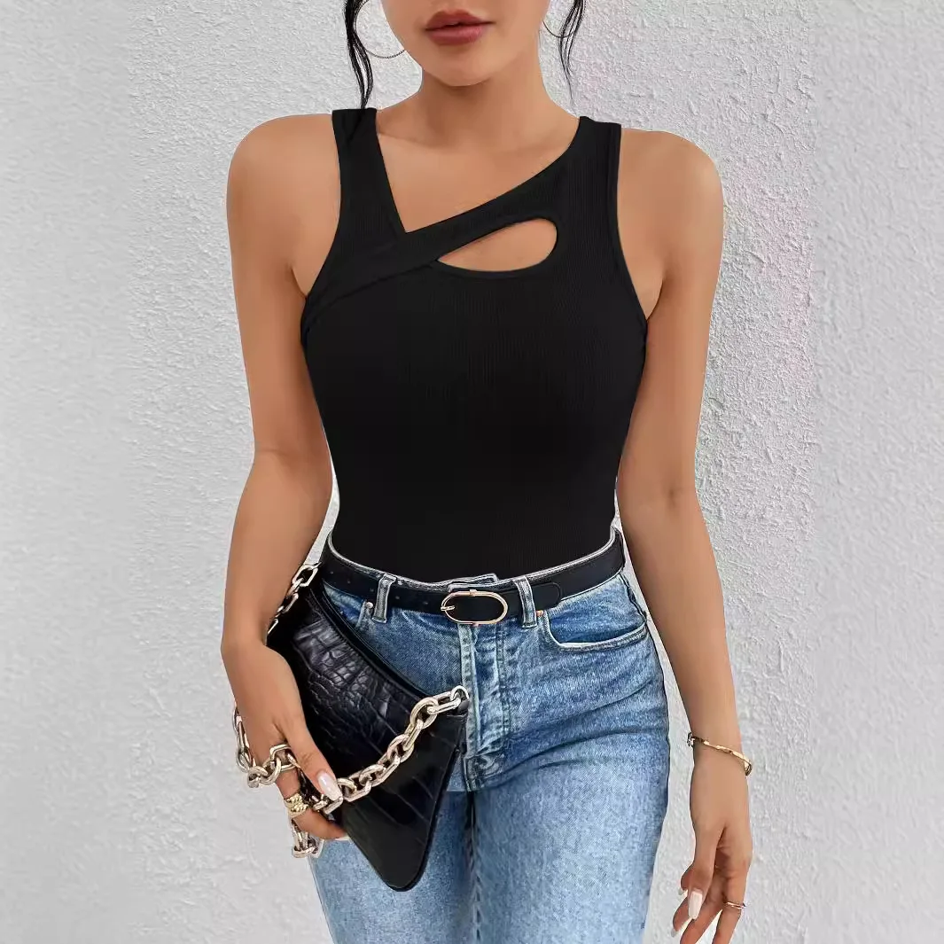 

Women's Basic Sleeveless Strap Vest Asymmetrical Collar Slim Fit Sexy Camisole Trendy Casual Style Hollow Tank Tops No Chest Pad