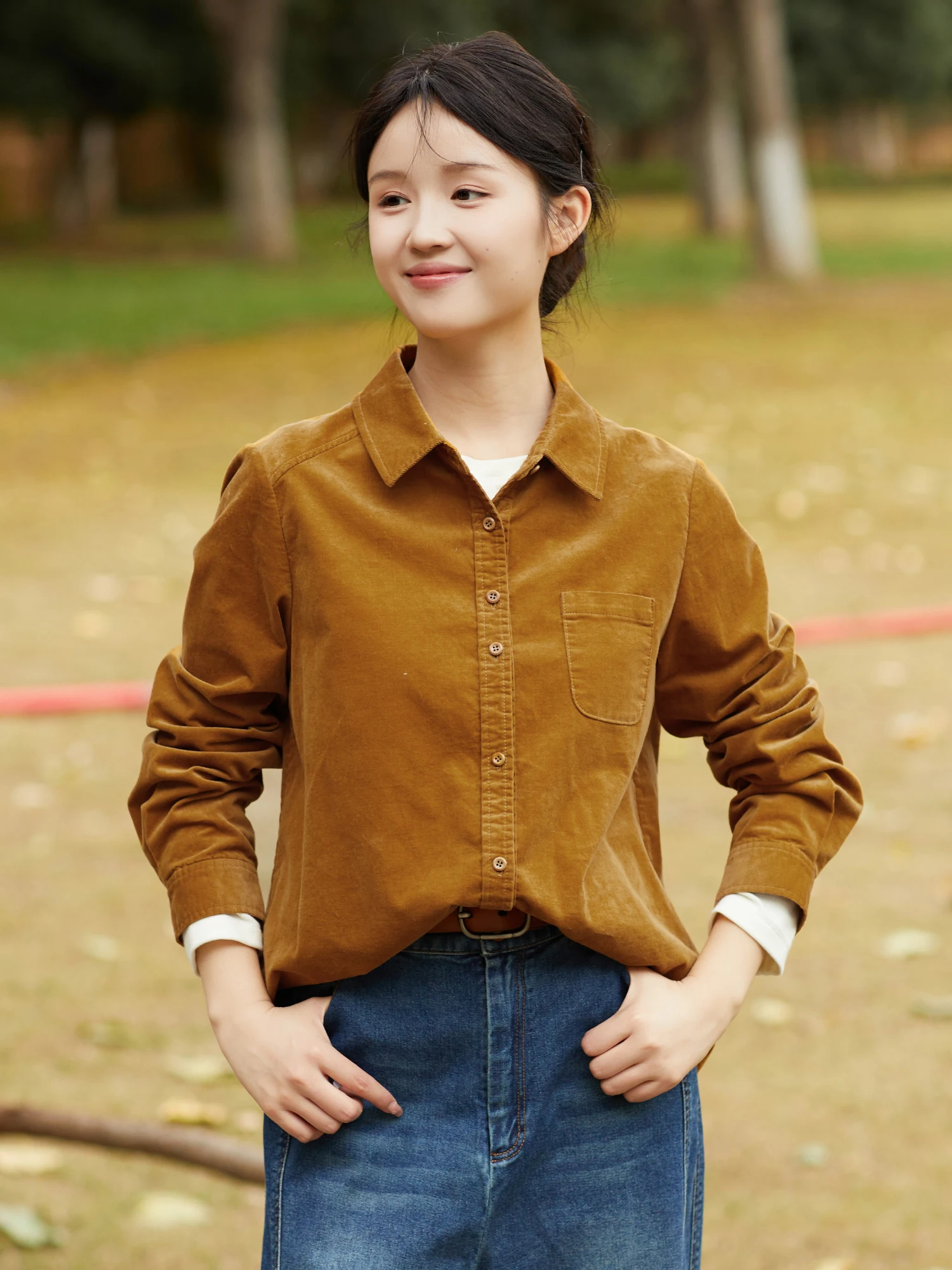 

Женский топ из смеси хлопка в стиле ретро, свободный крой из искусственного бархата с длинным воротником-стойкой, модная осенняя верхняя одежда