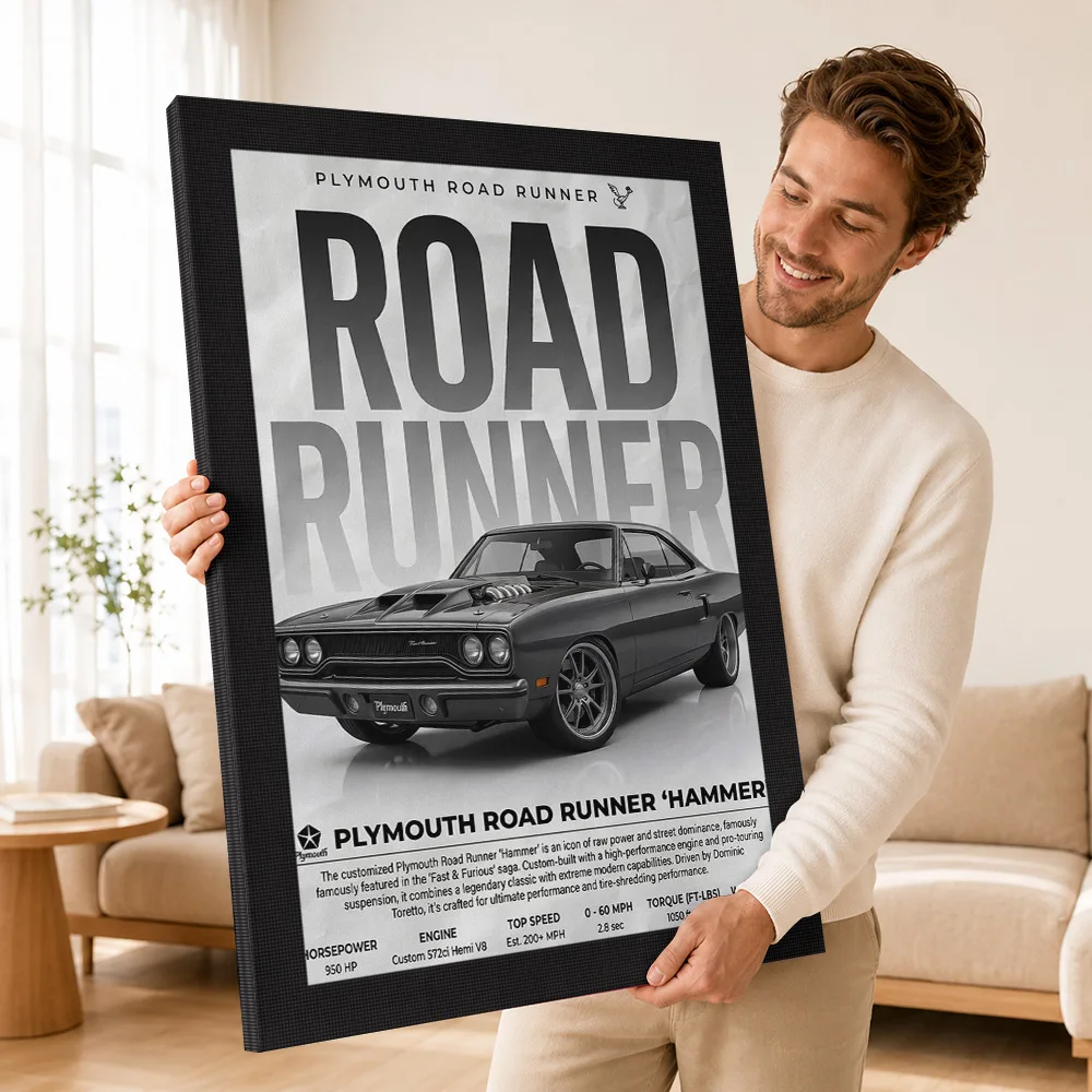 Sleek black Plymouth Road Runner 'Hammer' car Framed Canvas Poster Customized Photo Retro Automotive Wall Art for Garage Decor view 3