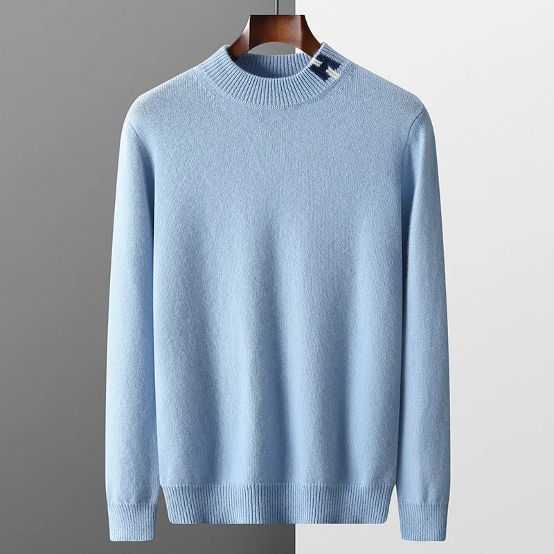 Autunno 100% lana merino maglione lavorato a maglia colletto semi-alto da uomo pullover jacquard abbinati ai colori camicia base allentata addensata moda