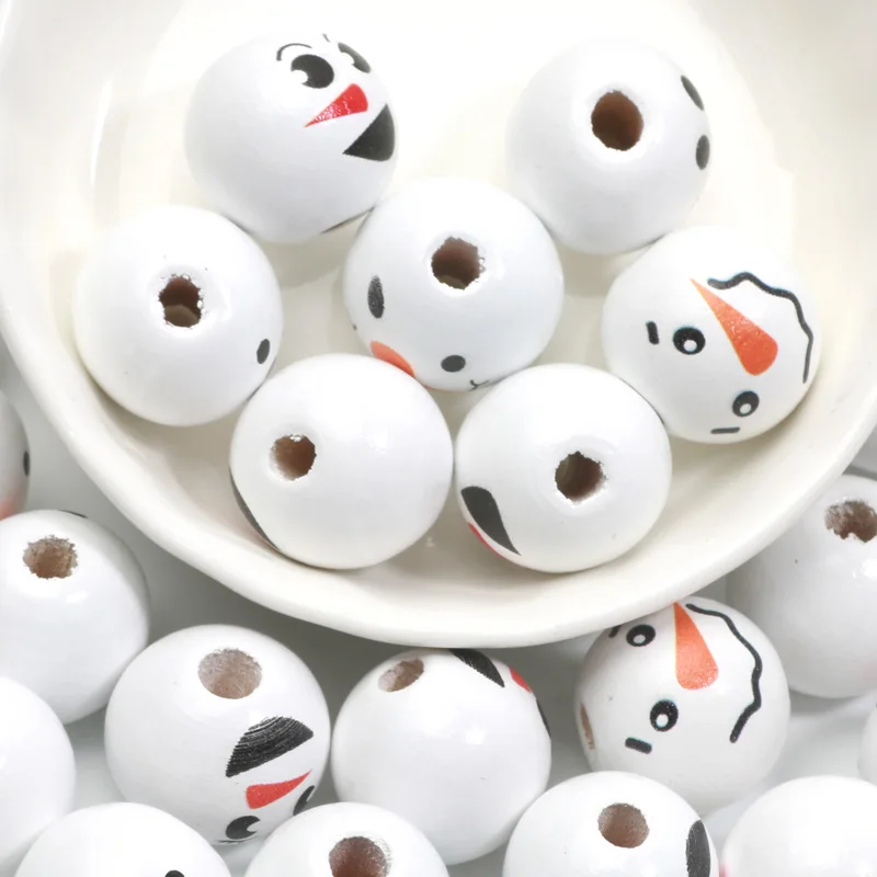 10pcs Christmas Snowman Pattern Round Balls Wood Spacer Beads Bracelet Wood Beads For Jewelry Making DIY Handicrafts Accessories