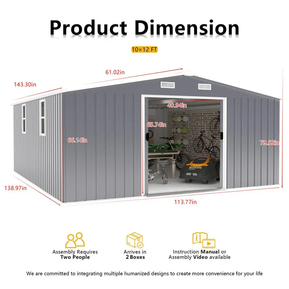 10x12 FT Metal Outdoor Storage Shed with Lockable Doors, Windows & Air Vents, Steel Shed for Tools, Equipment, Bikes, Customized