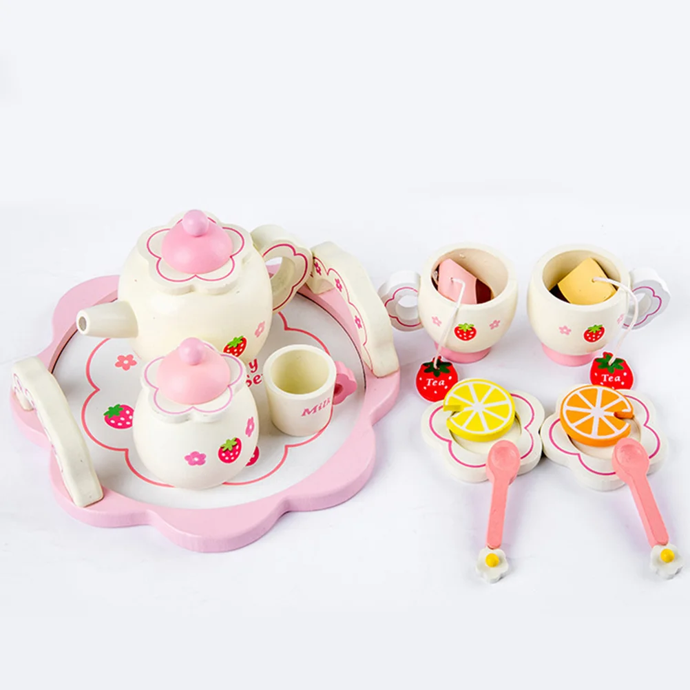 1 Set Kids Tea Ware Toys Wooden Tea Ware Toys Simulation Pink Tea Ware Toys Wooden Children Toys (Accessories for Random Color)