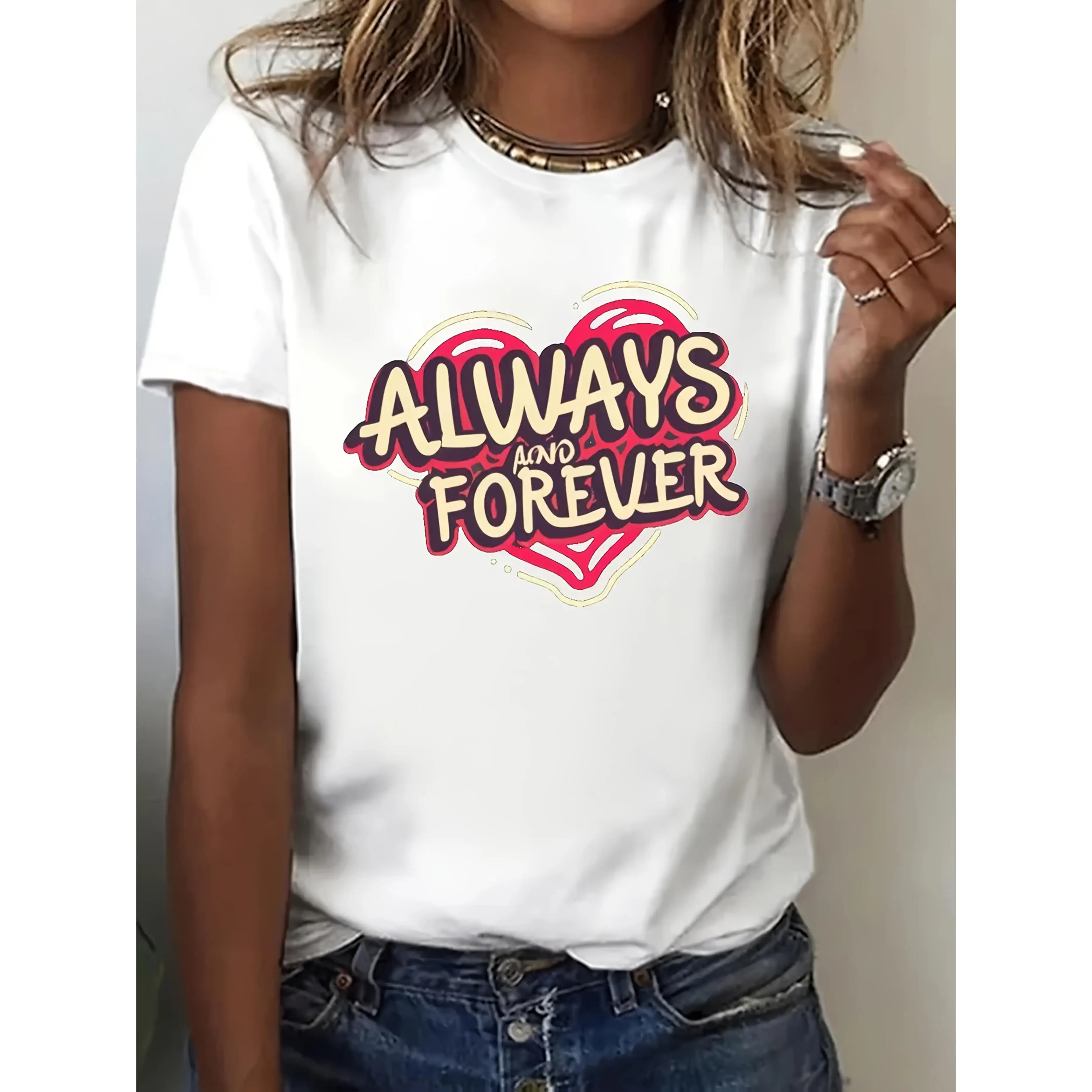 

Love Heart T-shirt Always and Forever Quote Tee Valentine's Day Gift for Couple Girlfriend Boyfriend Casual Streetwear Tops