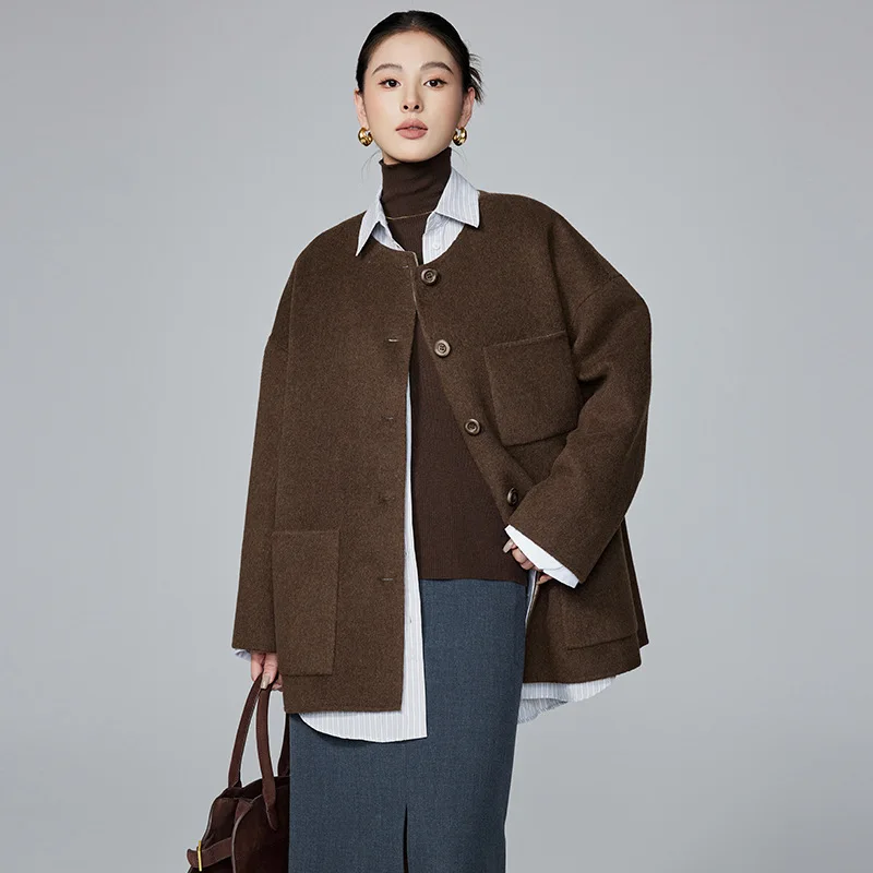 Women's Brown Suede Loose Fit Jacket Long Sleeve Notched Collar Single Breasted Oversized Blazer with Black Contrast Collar