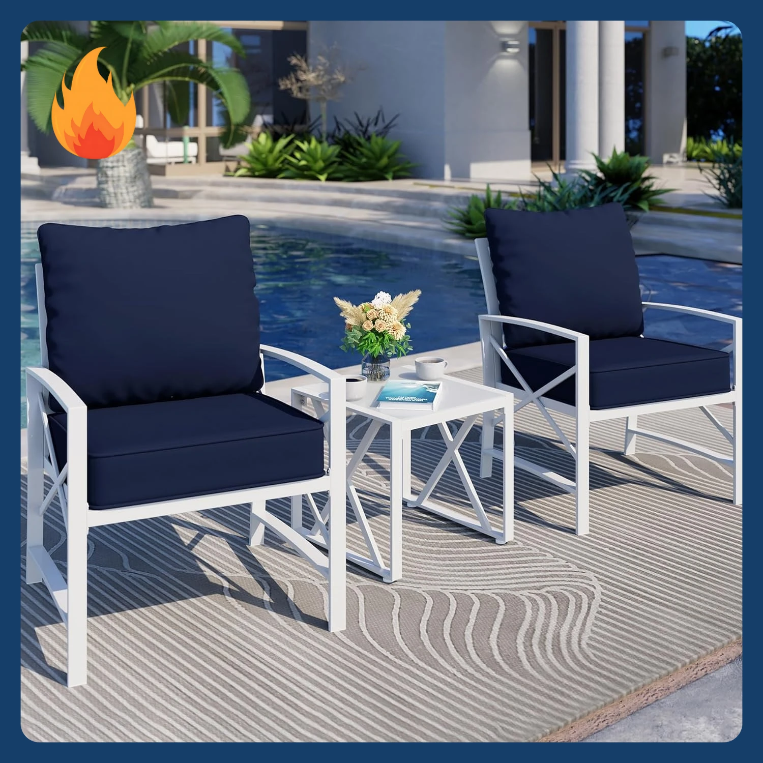 

[New Arrival!]3 Piece White Metal Outdoor Furniture Sectional Set, Modern Outdoor Metal Chair Conversation Furniture Set with Co