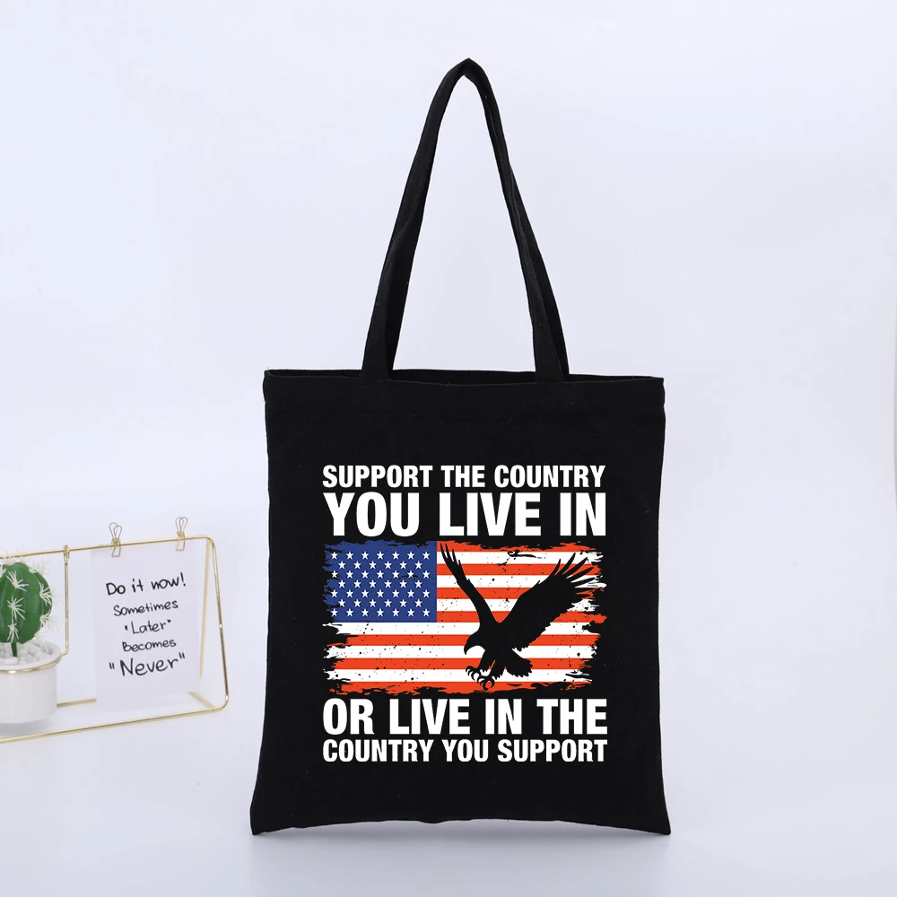 Eagle Graphic Canvas Tote Bag with American Flag Design, Casual Style for Daily Shopping and Outdoor Use