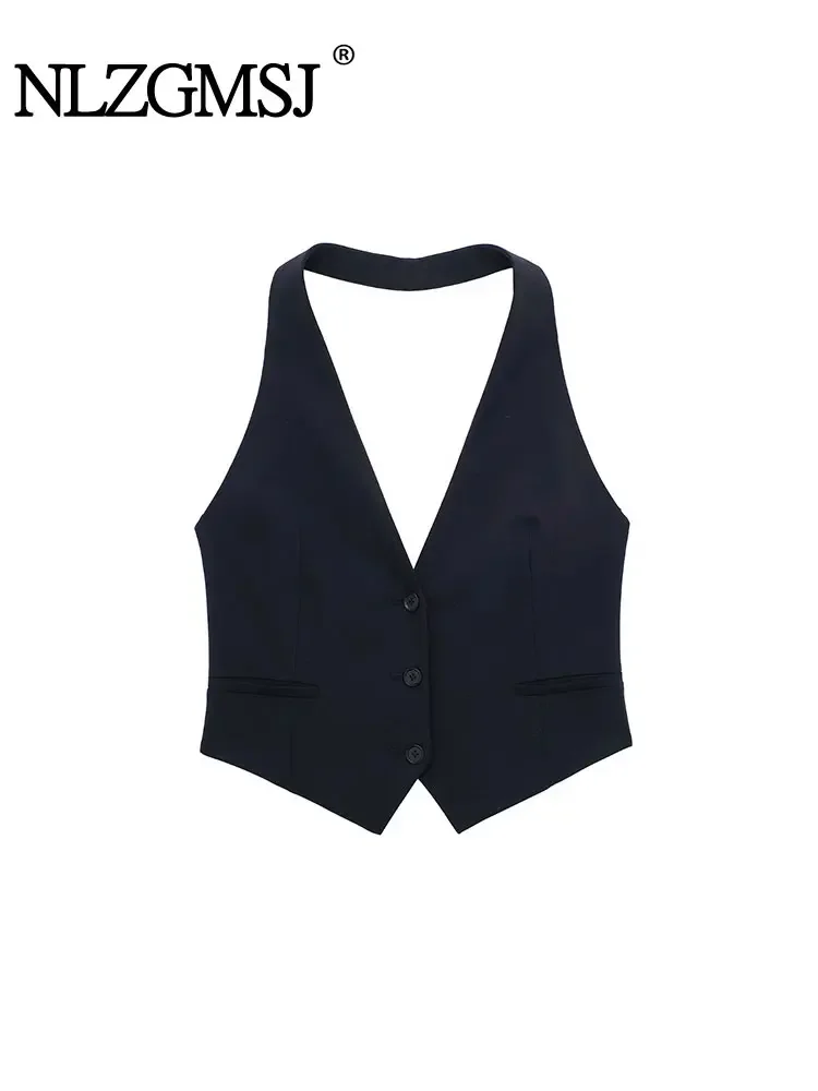 

Nlzgmsj TRAF 2024 Halter Neck Vest Women Sleeveless Jacket Vests for Women Streetwear Office Waistcoat Women New In Outerwear