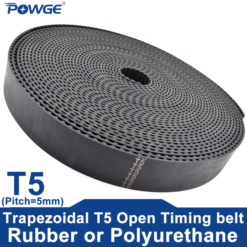 POWGE Metric Trapezoidal T5 Open Timing Belt width 6-50mm pitch 5mm PU Polyurethane Steel Rubber Neoprene fiberglass T5 pulley