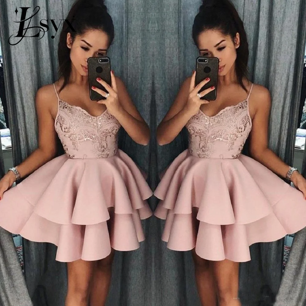

LSYX Customized Spaghetti Straps Homecoming Dresses Sleeveless A Line Lace Mini Sweet Party Prom Gowns Above Knee Tiered