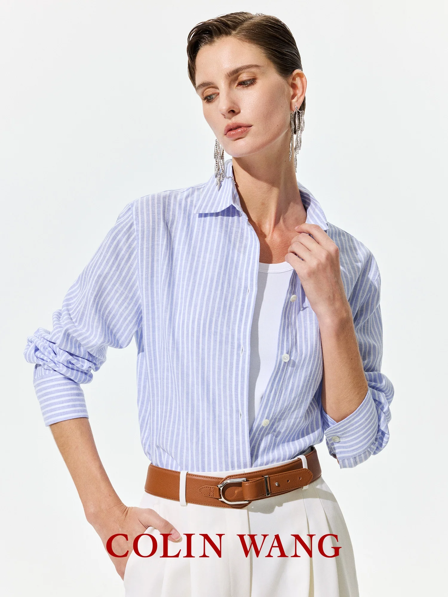 

Льняная хлопковая рубашка в полоску Oxygen Feeling для женщин: прямой крой, длинный рукав, повседневный деловой стиль для весеннего сезона