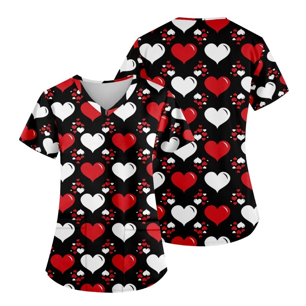 3D Printed Women's Nurse Uniform Valentine's Day Heart Pattern Nurse Uniform with V-Neck and Pockets Comfortable Work Uniform